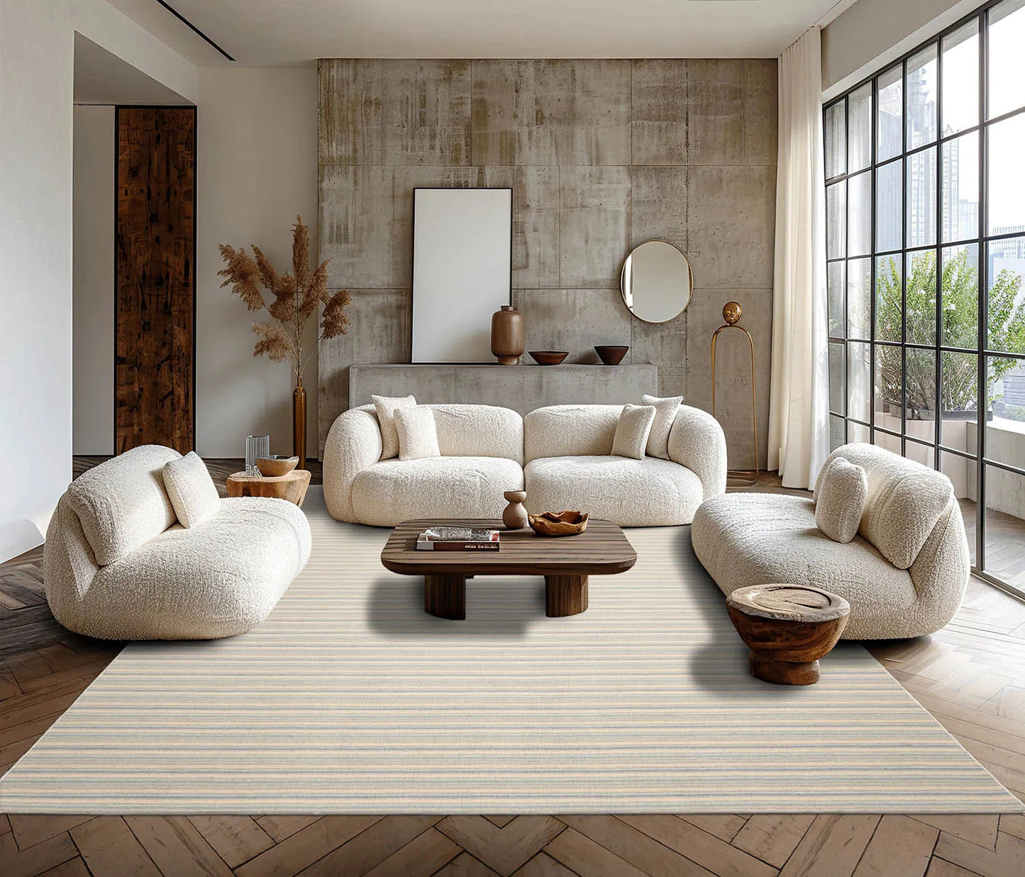LoomBloom Multi Sizes Ivory Hand Woven Contemporary Striped 100% New Zealand Wool Oriental Area  Rug-2