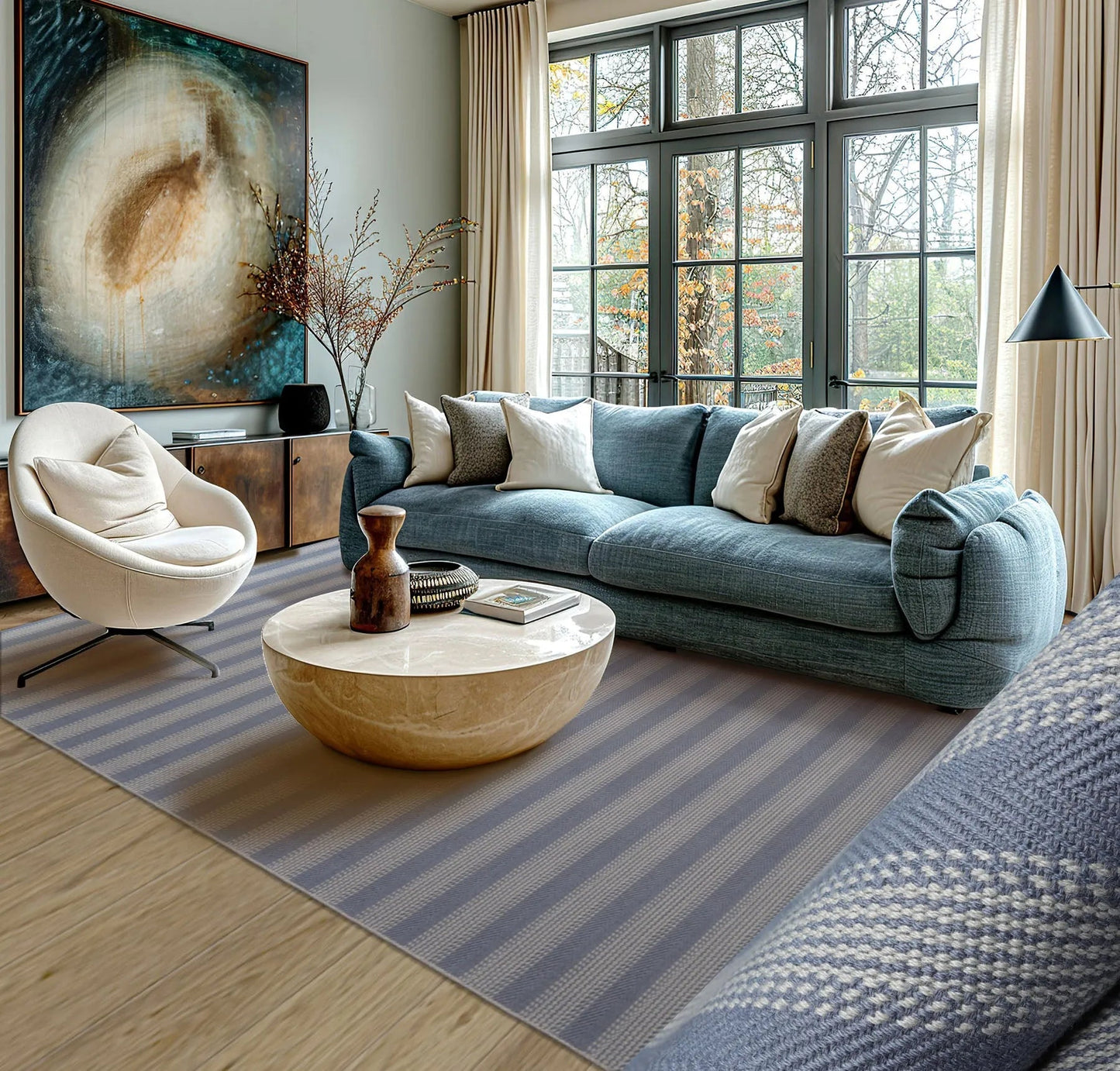 LoomBloom Multi Size Tone on Tone Blue Hand Woven Striped Modern Herringbone  New Zealand Wool Oriental Area Rug-1