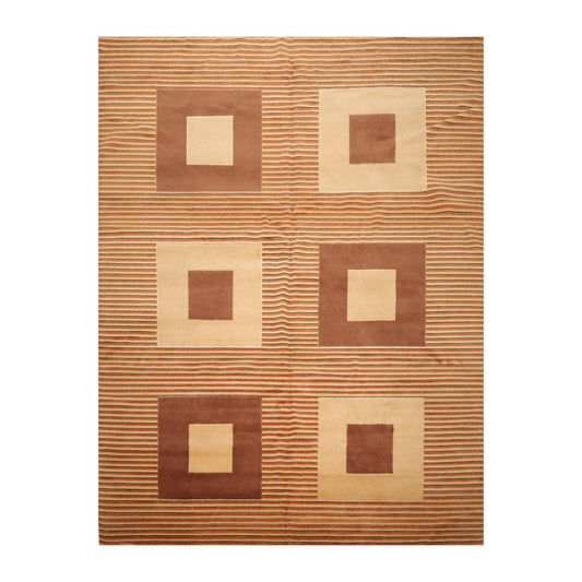 8'11"x11'10'' Hand Knotted Tibetan Wool Art Deco Modern Area Rug Beige Brown-0
