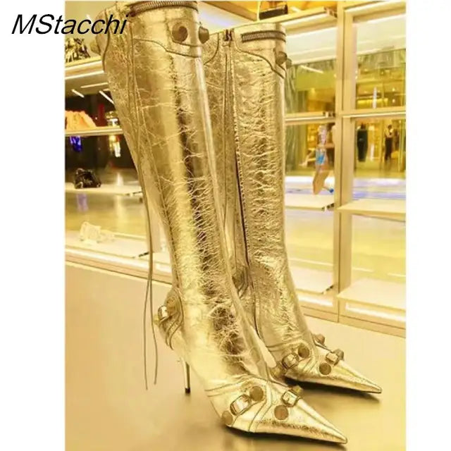 New Metal Rivet Women High Knee Boots Pointed Toe Thin Heels Designer Shoes Party Tassels Zipper-Sid Long Botas De Mujer