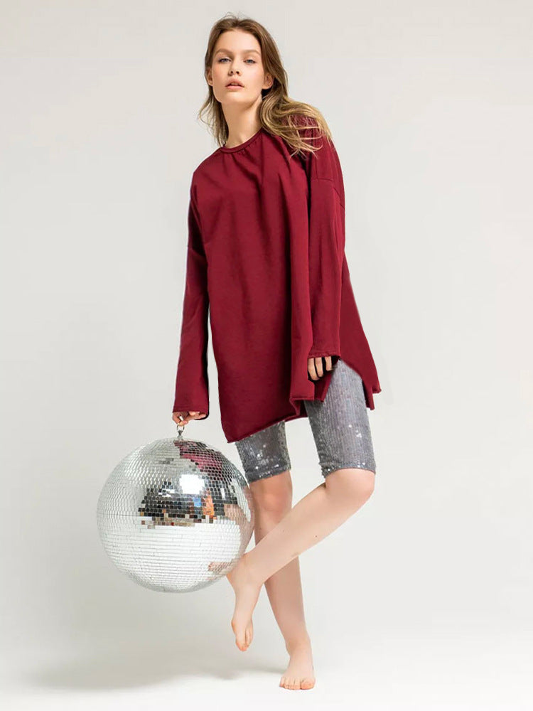 Style Long Sleeve T-Shirt Women's Pure Cotton Loose Fit Slit Knitted Top Wine Red