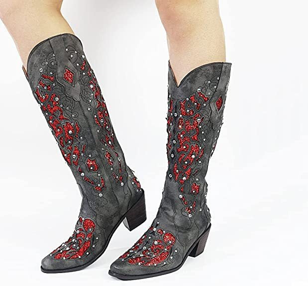 New European and American Retro Pointed Womens Shoes Embroidered Ethnic Style High Sleeve Solid Thick Heel Large Fashion Boots