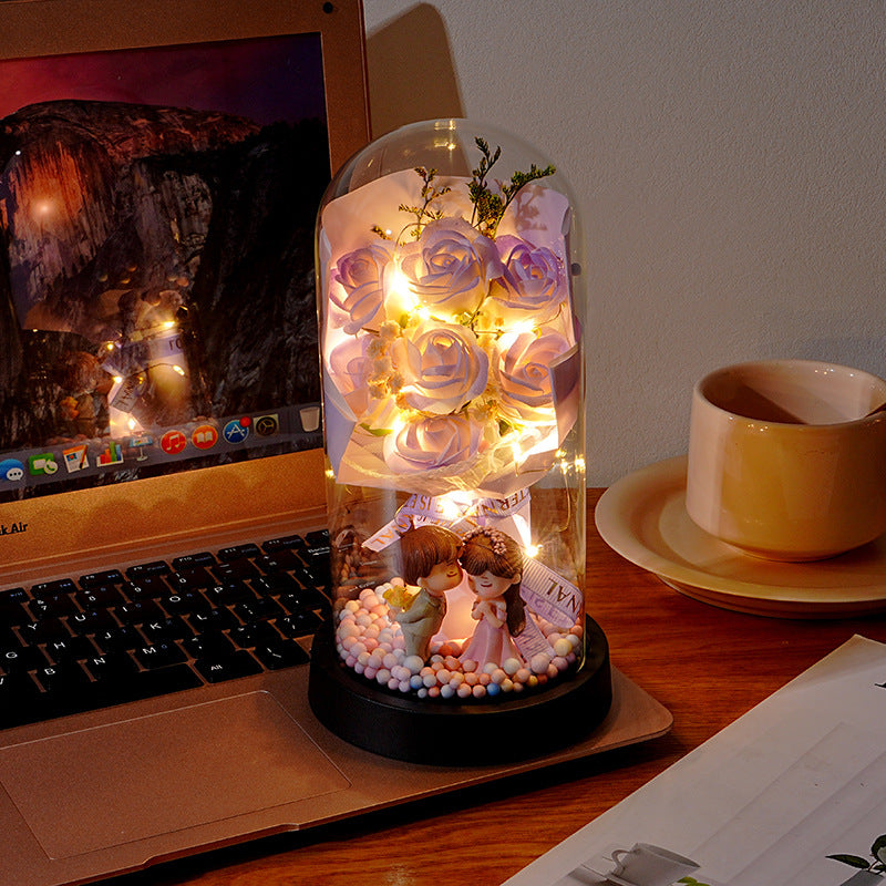 Eternal Rose Flower Bouquet Glass Dome Night Light Decoration Dried Flowers Baby's Breath Valentine's Day Gift for Her