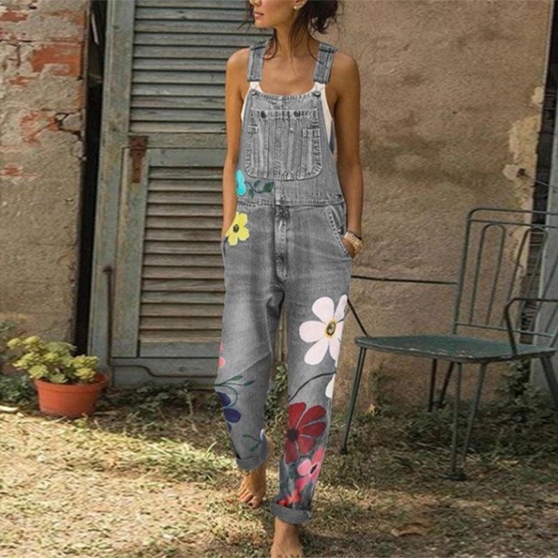 Printed jeans with non elastic straps and long pants straight tube