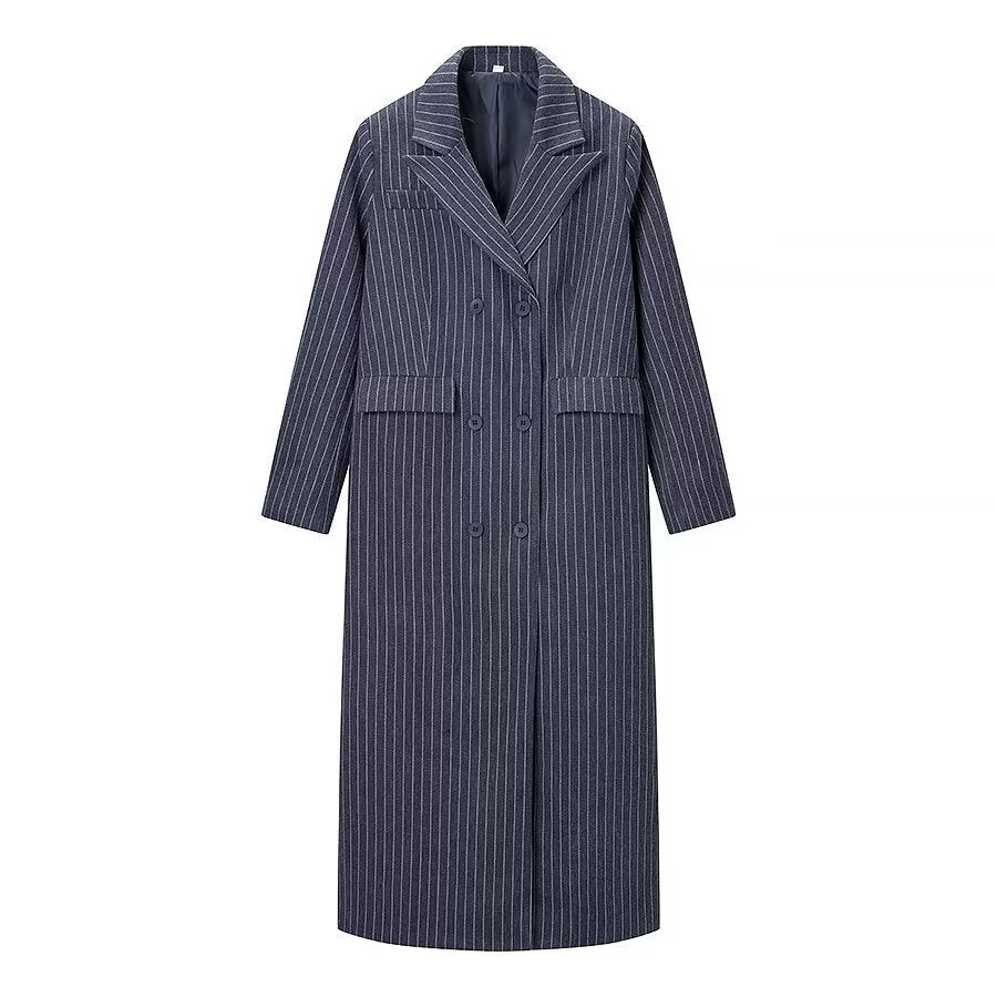 Stripe Wool Blend Long Casual Coat for Women