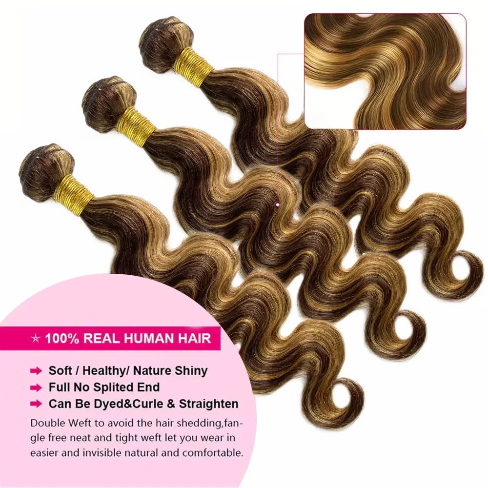 Highlight Body Wave Bundles Human Hair 40 Inch Ombre Unprocessed 100% Real Human Hair Bundle Blonde Raw Hair Extensions Weaving