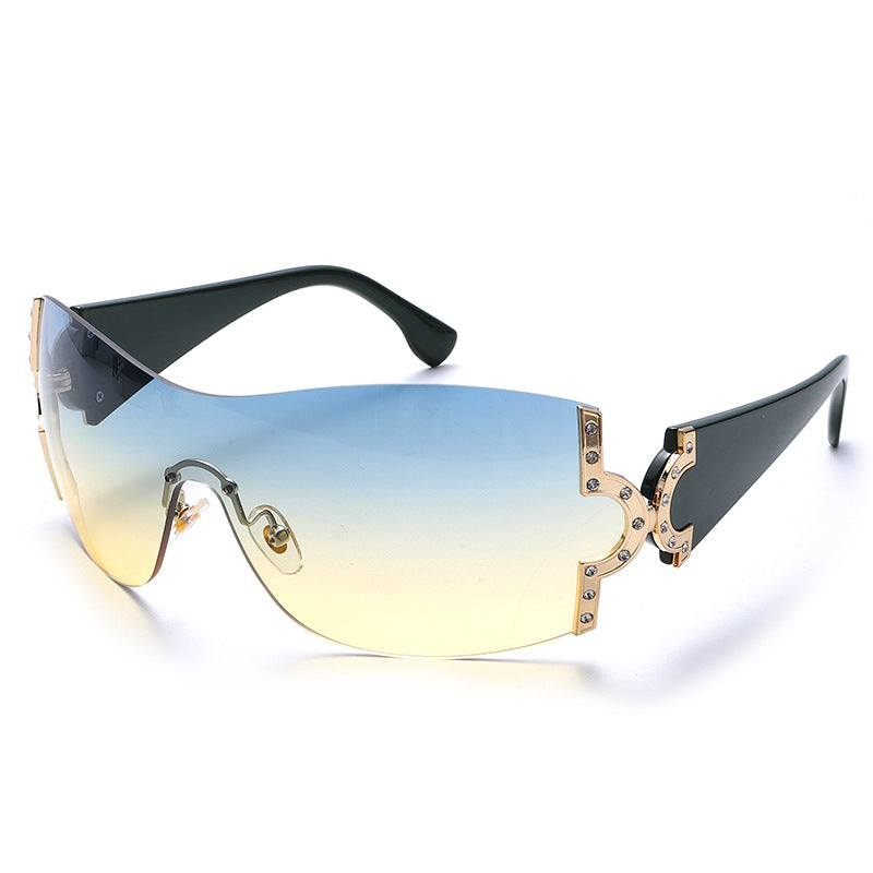 New Diamond Encrusted Sunglasses Women's Fashion Metal One-Piece Frame Glasses Large Frame Diamond Sunglasses