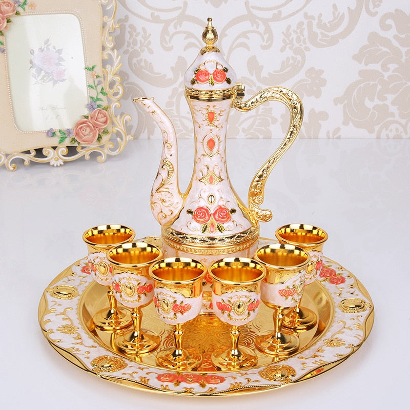 Retro Palace Drinkware Set Wedding Alloy Metal Gold/Silver And White Flagon Gift Set Home Decor 8 Piece Set: 1 Plate + 1 Wine Pot + 6 Cups