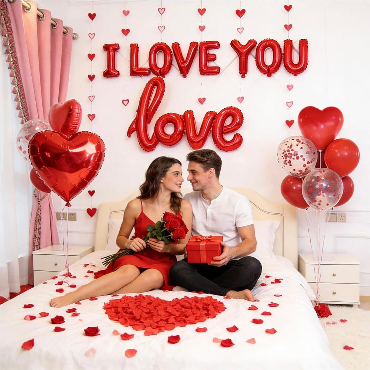 1100 PCS Valentine's Day Balloons Kit with XOXO, Red Heart and I Love You Balloons, 1000 Silk Rose Petals, 50 Heart Hangers for Valentines Decorations Anniversary, Proposal, Romantic Wedding Party