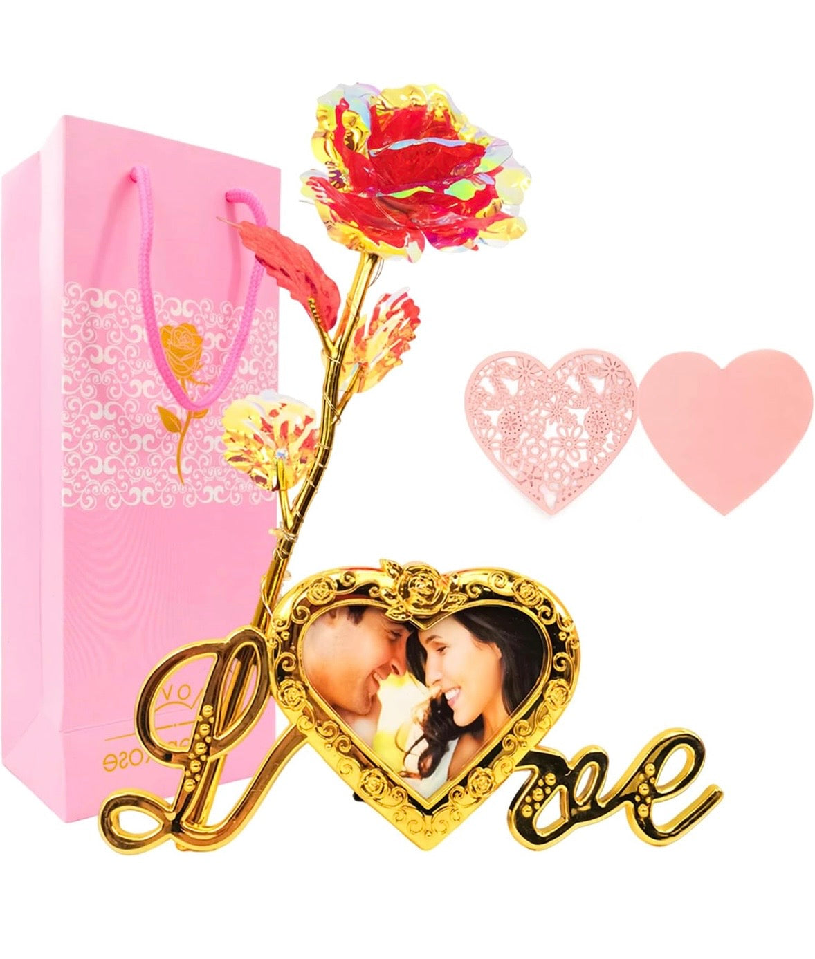 24K Gold Rose Gift For Her with Love Picture Frame Stand, Artificial Rose Flowers Gift