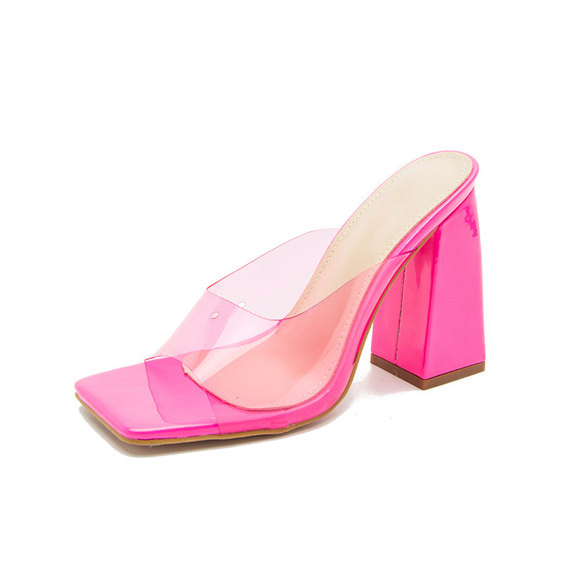 Fashion Candy-Colored Sandals Women's Summer New Large Yard Square Toe Chunky Heels High-Heeled Sandals And Slippers
