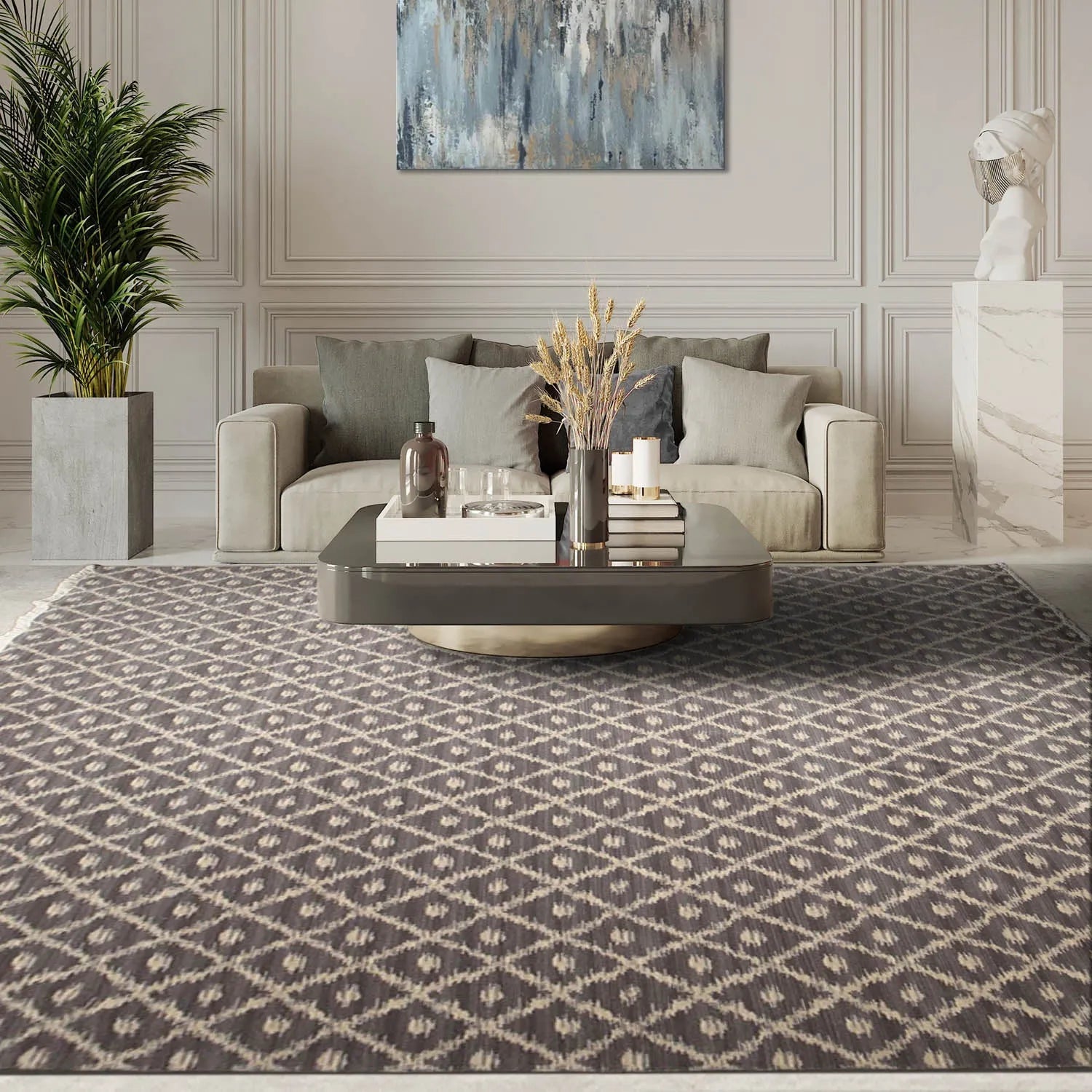 9' x 12' Hand knotted Oriental Area rug Wool full pile Modern Ikat Gray 9x12 ft-0