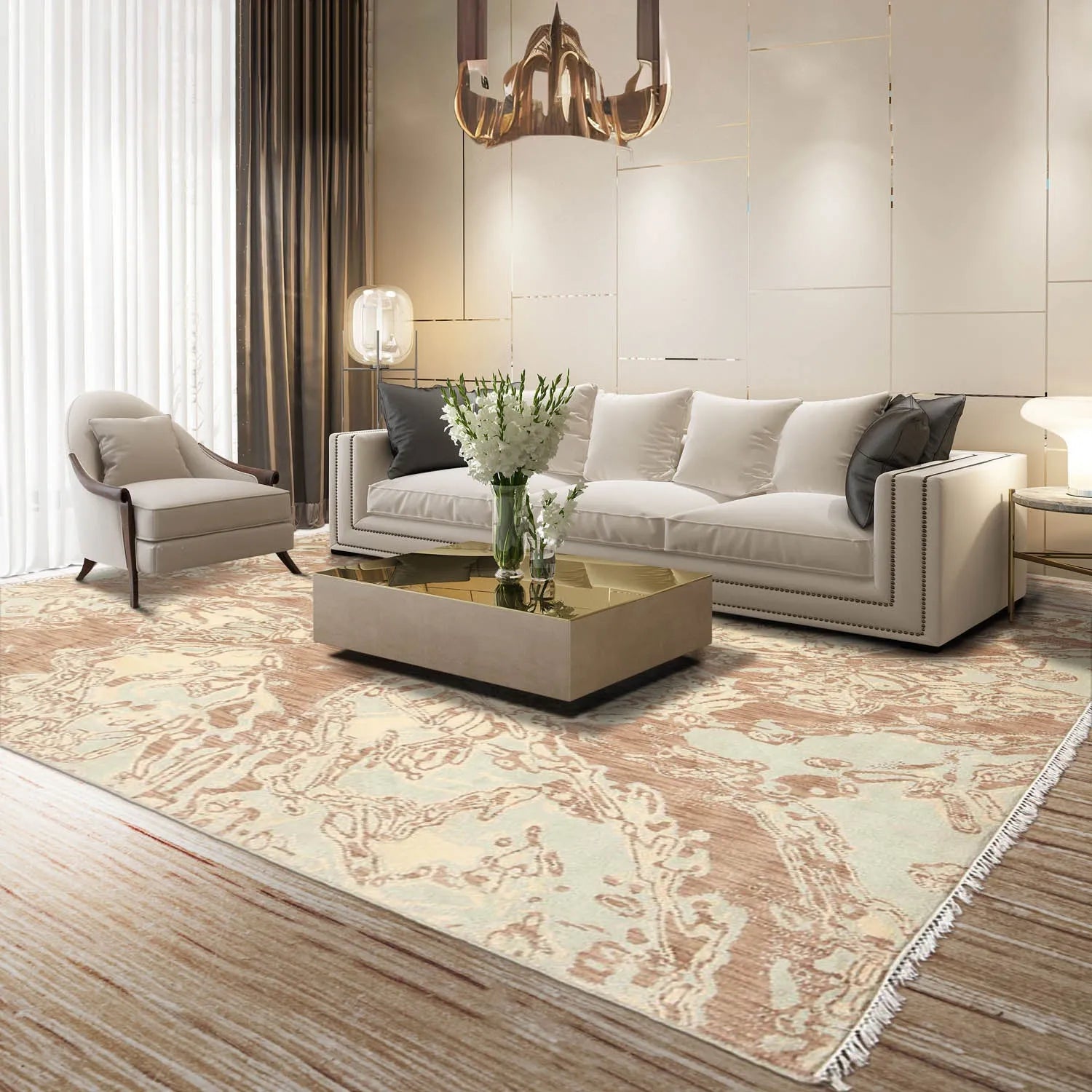 Hand knotted Oriental area rug 100% Wool pile Beige 6' x 9'-0