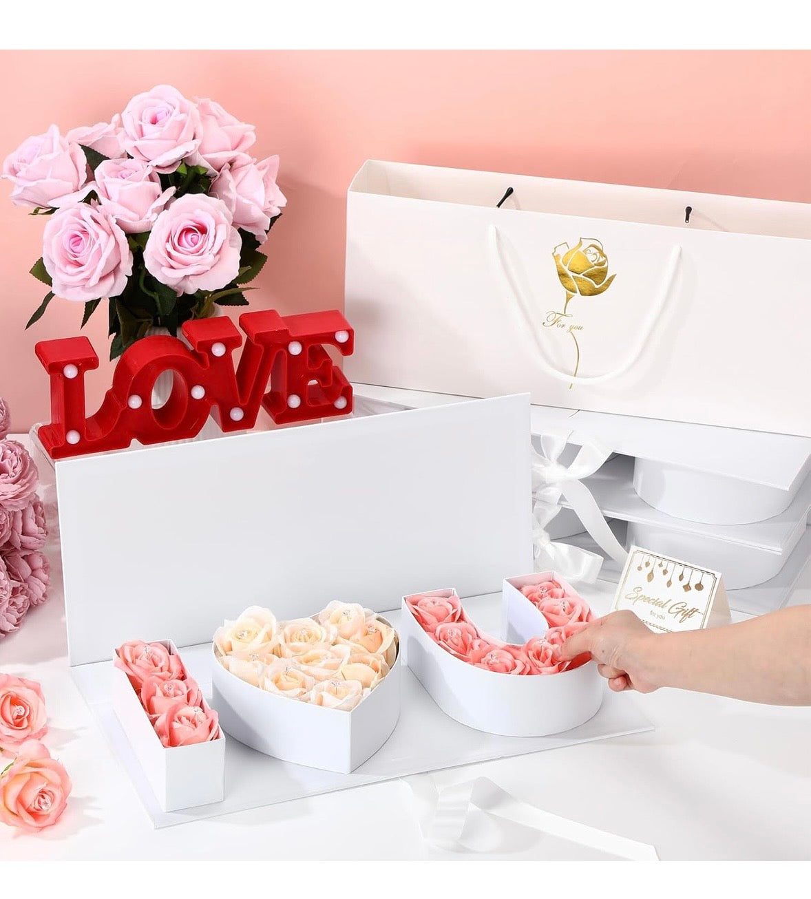 "I Love You" Box Cardboard 3 Fillable Flower Box 3 Gift Bags 3 Greeting Cards Raffia Paper Shreds for DIY Valentine's Day Wedding Bridal Shower Birthday Chocolate Gifts Packaging
