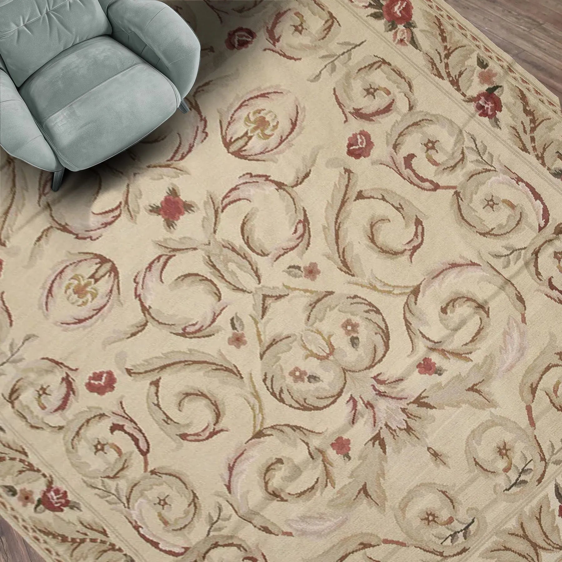 5'5''x7'8" Beige Hand Woven Floral French Country Flatweave Aubusson Wool Oriental Area Rug-0