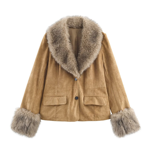 Suede Leather Faux Fur Suit Jacket
