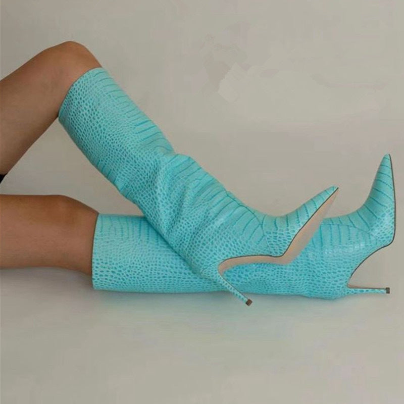 New Womens Pointed Toe Crocodile Pattern Knee Thigh Boots Stilettos High Heel Shoes Plus Size 9 Colors