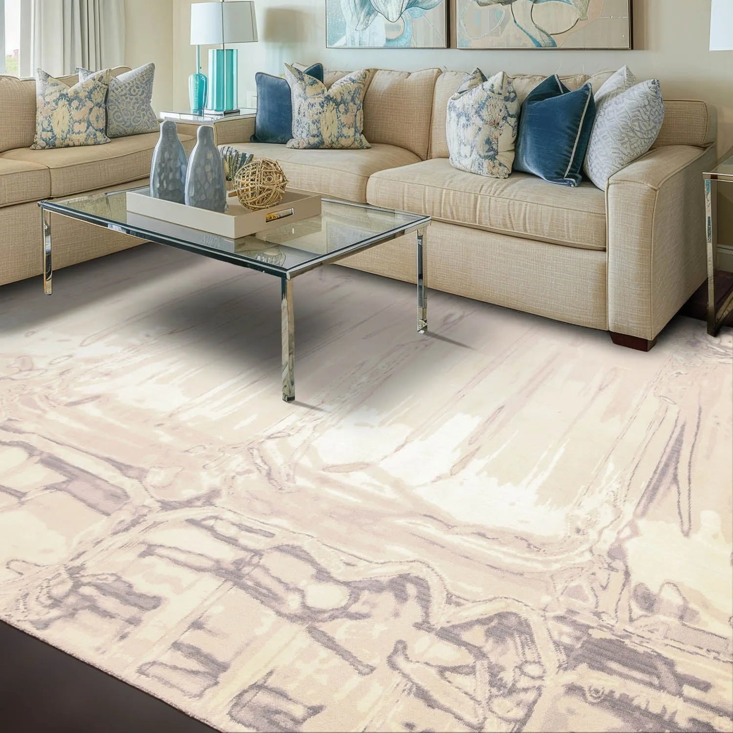 6' x 9' Hand Knotted Contemporary Marble finish look Wool Area rug Ivory-0