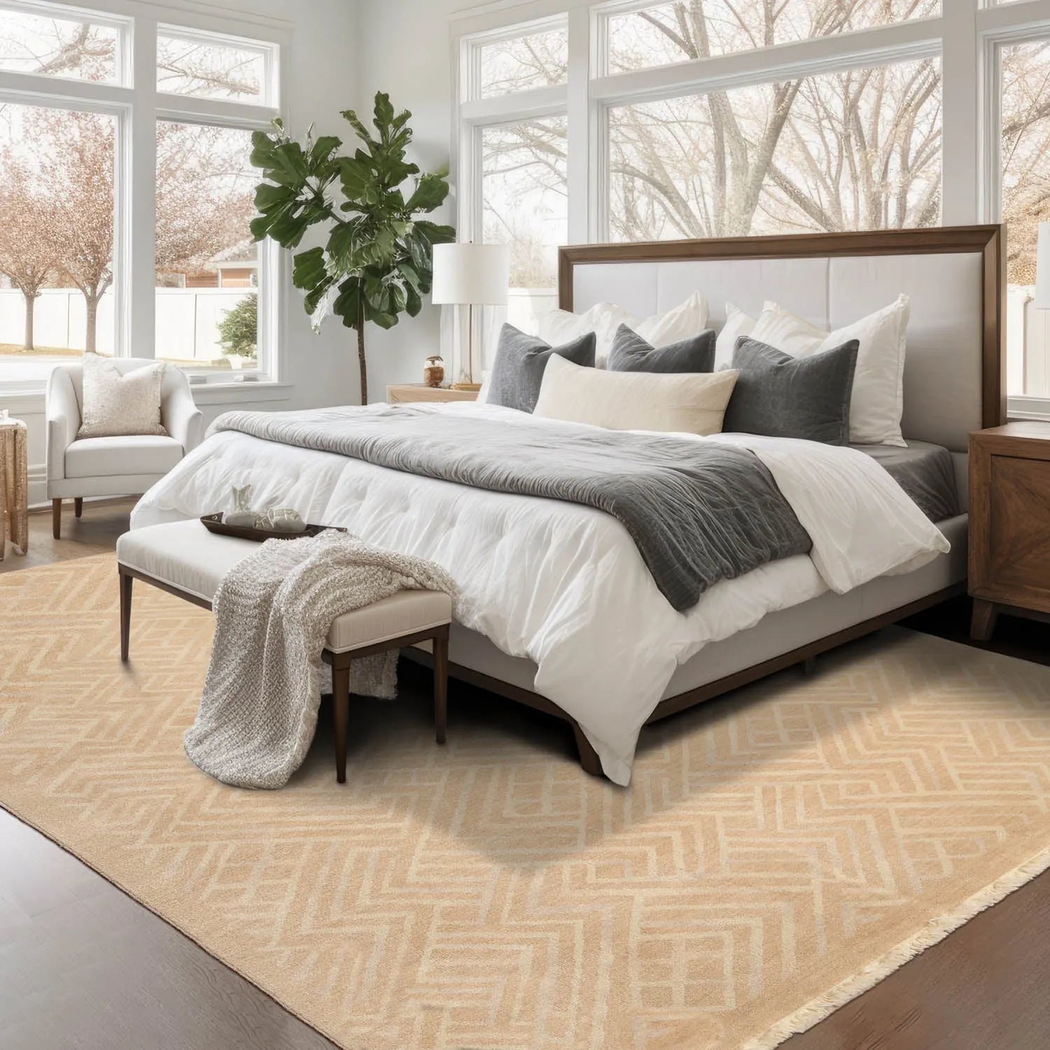 6' x 9' Hand Knotted Geometric Pattern 100% Wool Area rug Tan-0