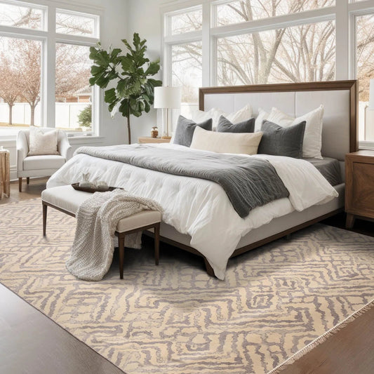 6' x 9' Hand Knotted Geometric Pattern 100% Wool Area rug Beige-0