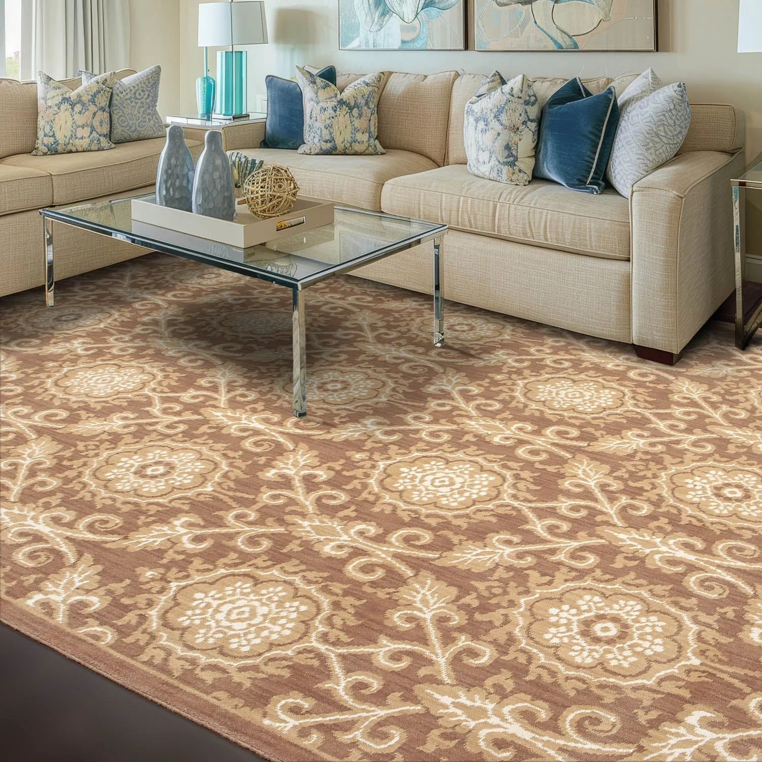 6' x 9' Hand Knotted Damask Wool & Bamboo Silk Area rug Brown-0