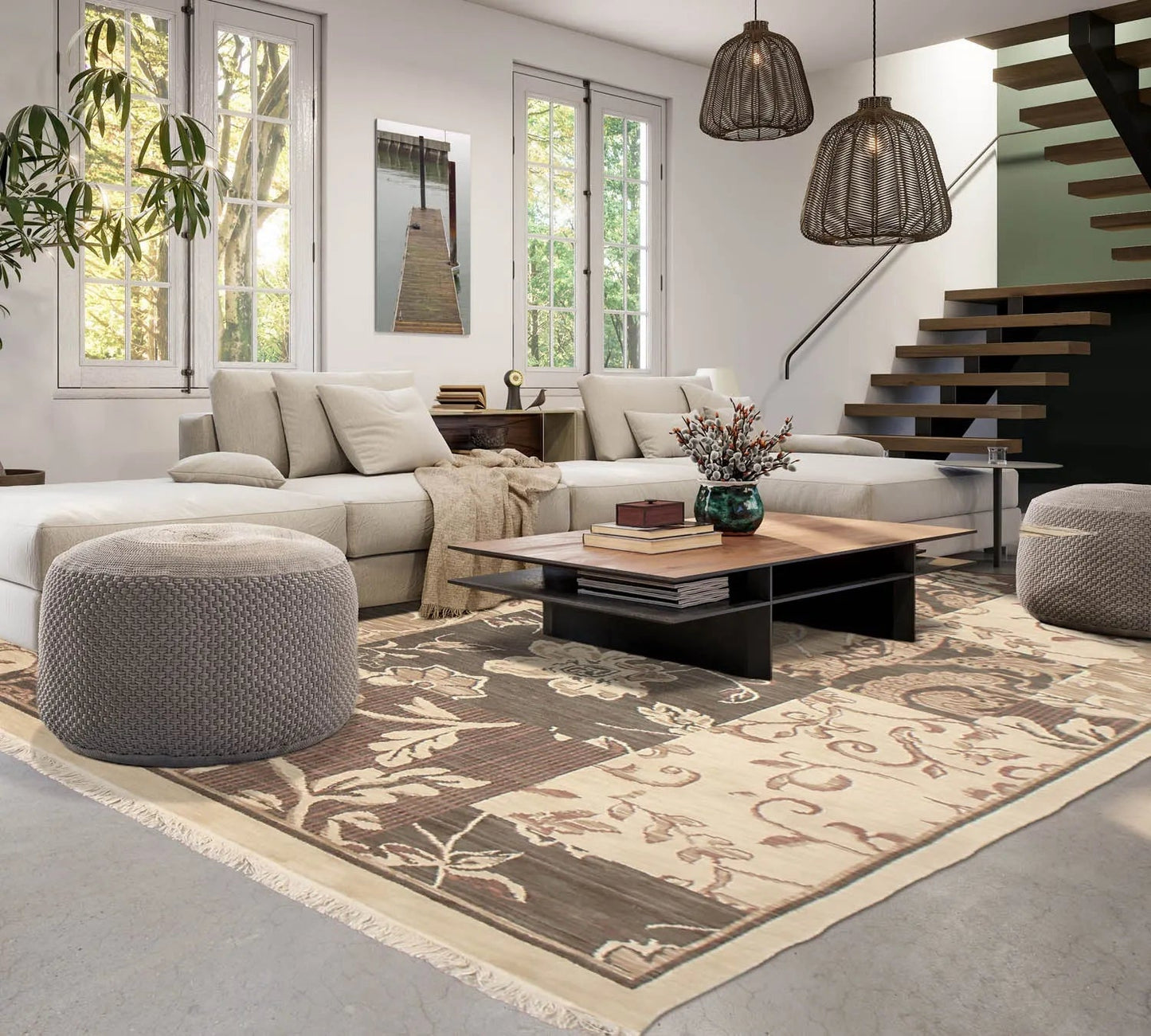 7' x 10' Hand Knotted Botanical Print 100% Wool Area rug Beige-0
