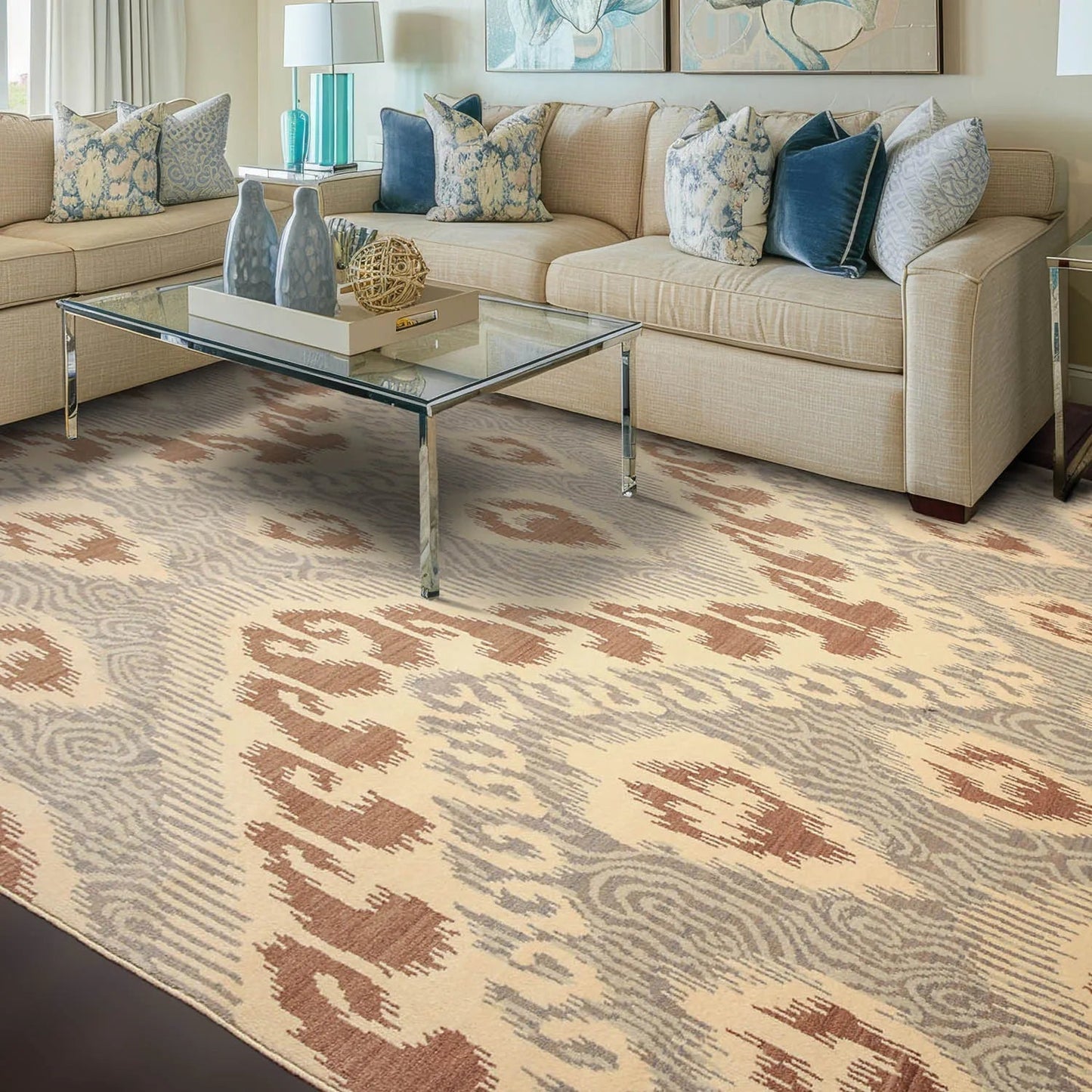 8' x 10' Hand Knotted 100% Wool Ikat Bold Design Oriental Area Rug Beige-0