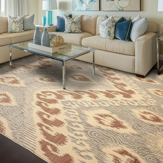 8' x 10' Hand Knotted 100% Wool Ikat Bold Design Oriental Area Rug Beige-0