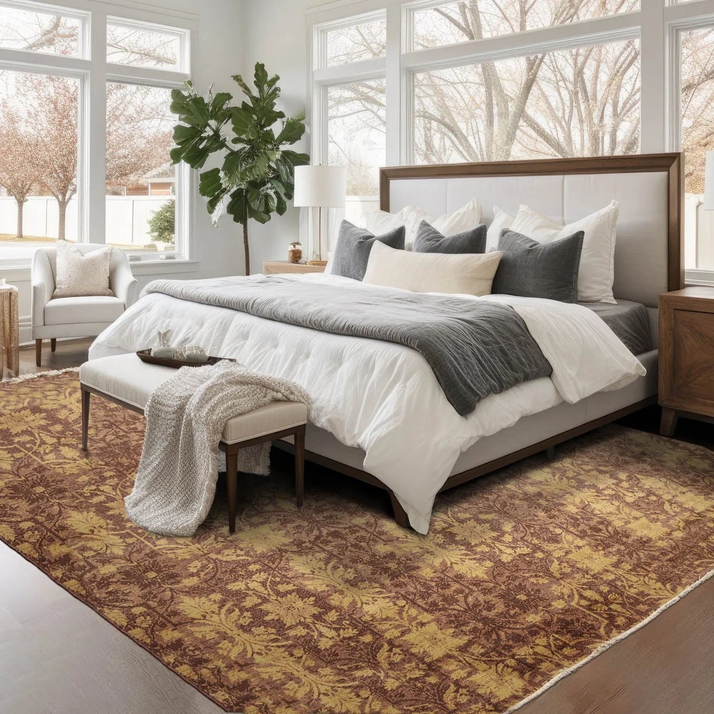 9' x 12' Hand Knotted Erased Pattern Botanical Wool Pile Area Rug Brown-0