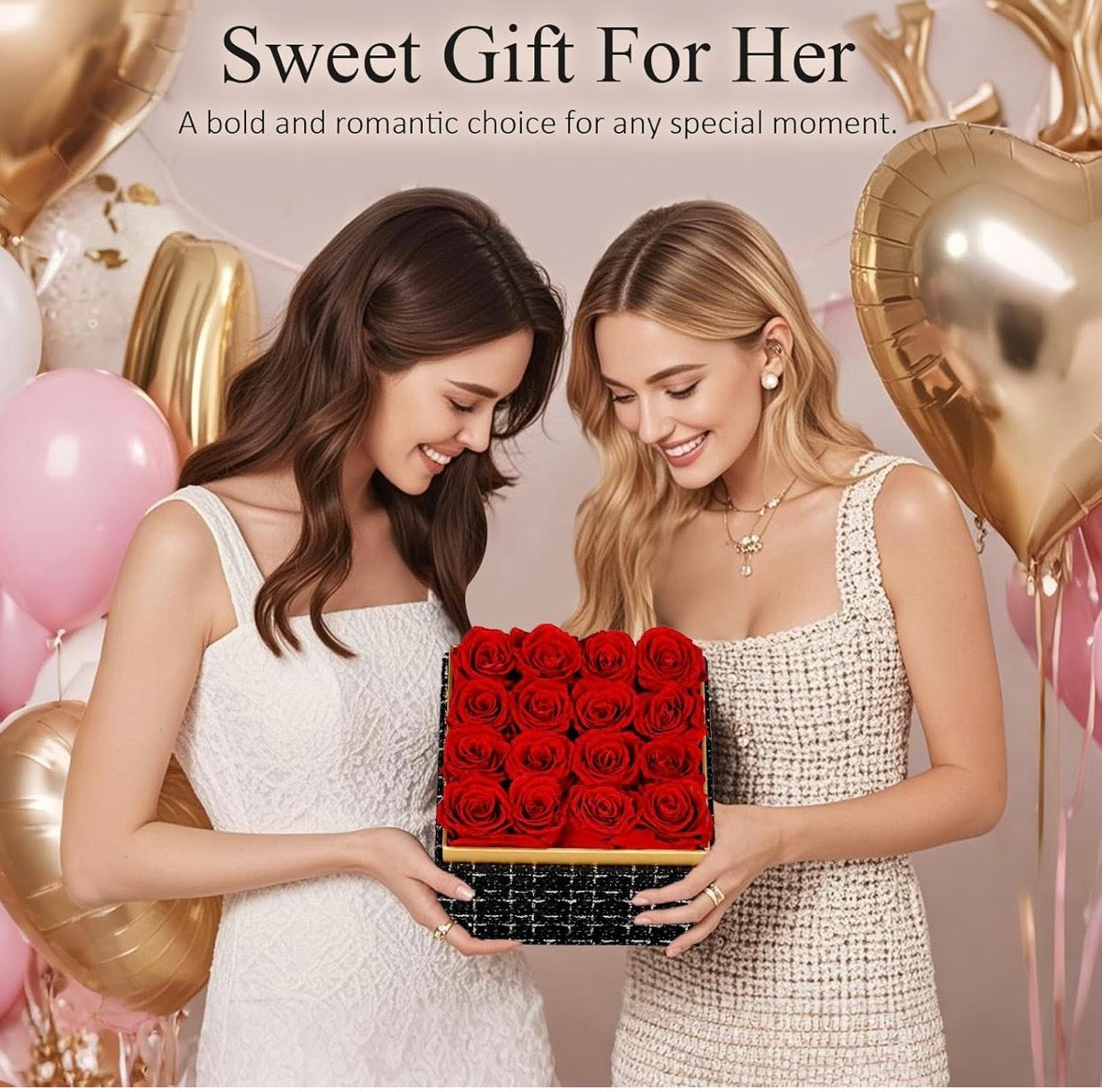 “Chic Thrills” 16 Count Preserved Rose Box, Eternal Pink / Red Forever Flowers Roses in Acrylic Box