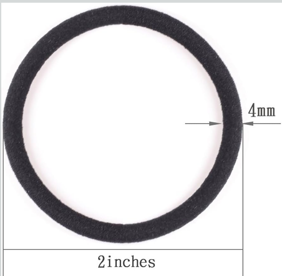 Black hair ties with measurements and usage examples on a product gallery page.