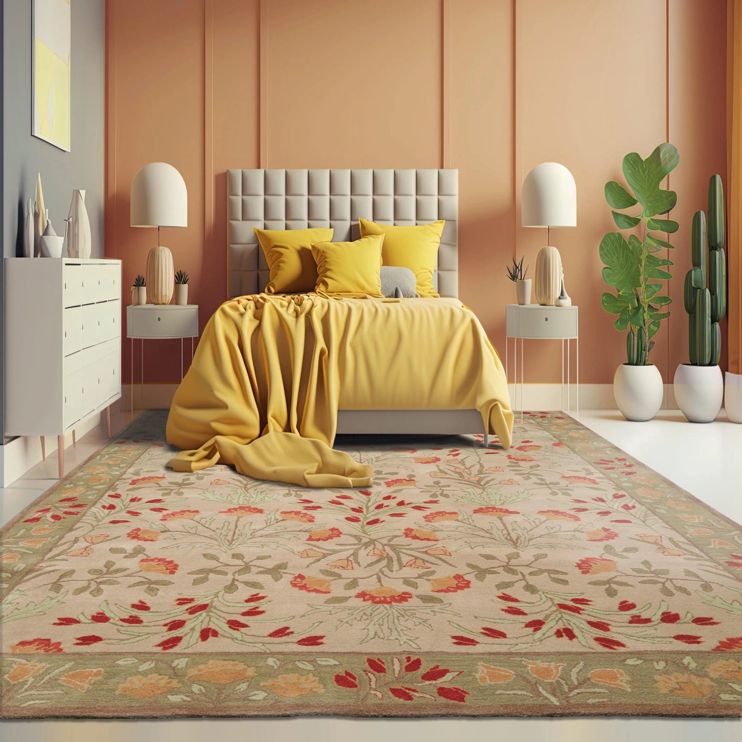 Multi Sizes Handmade Transitional Wool Botanical Floral Area Rug Beige-1