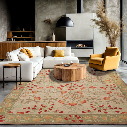 Multi Sizes Handmade Transitional Wool Botanical Floral Area Rug Beige-10