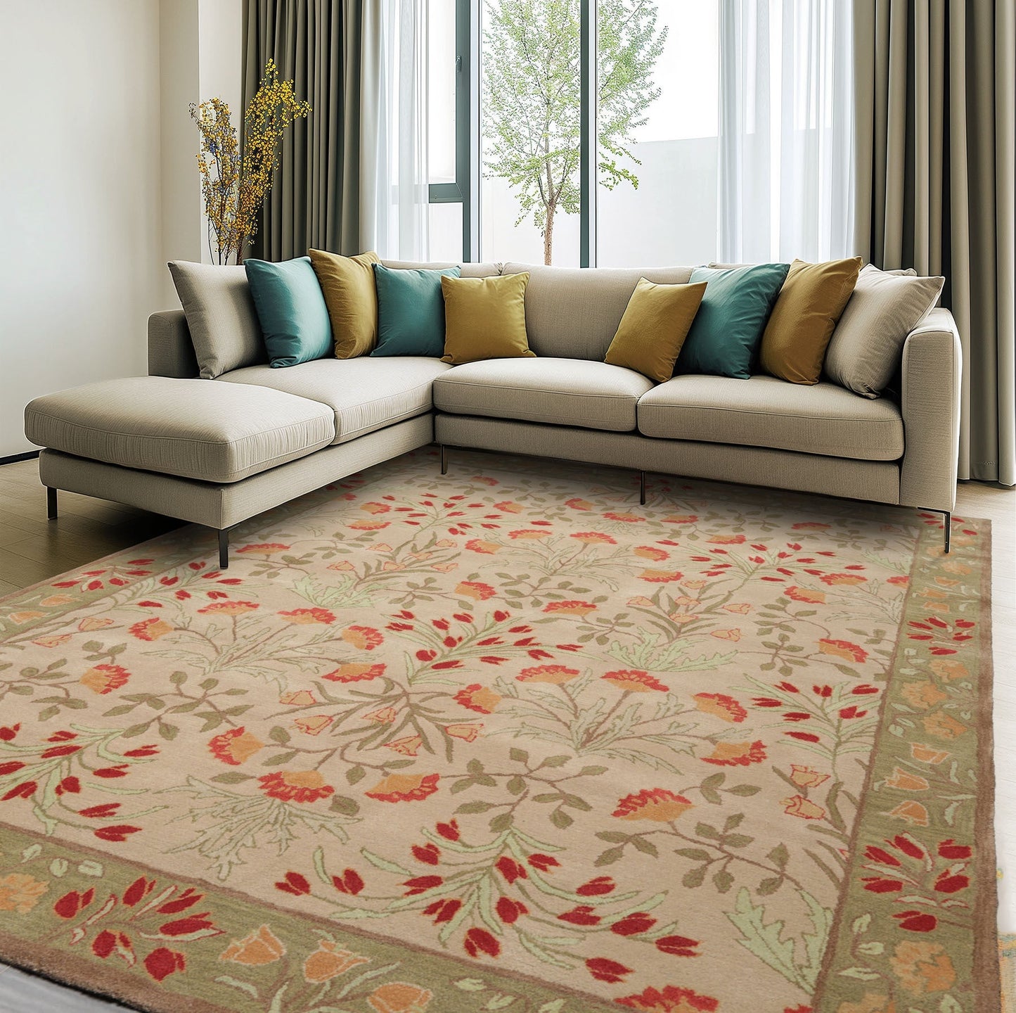 Multi Sizes Handmade Transitional Wool Botanical Floral Area Rug Beige-0
