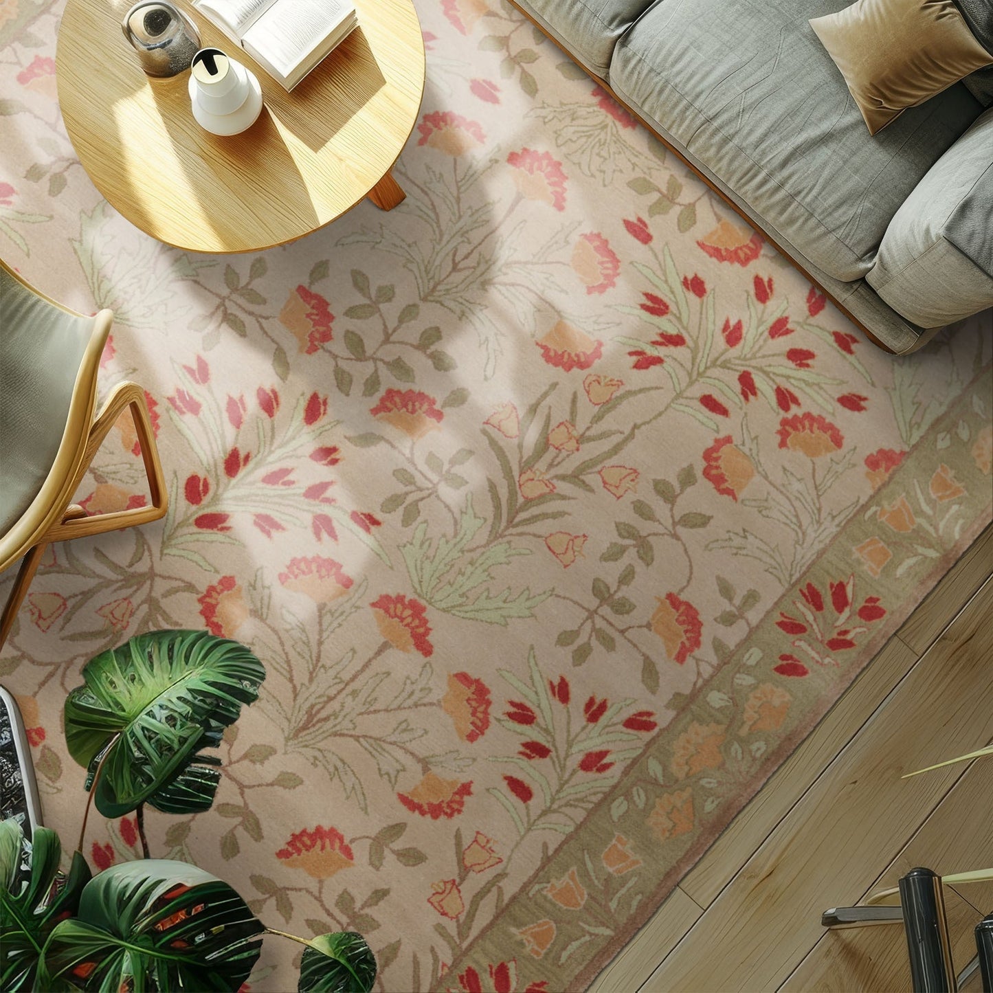 Multi Sizes Handmade Transitional Wool Botanical Floral Area Rug Beige-11
