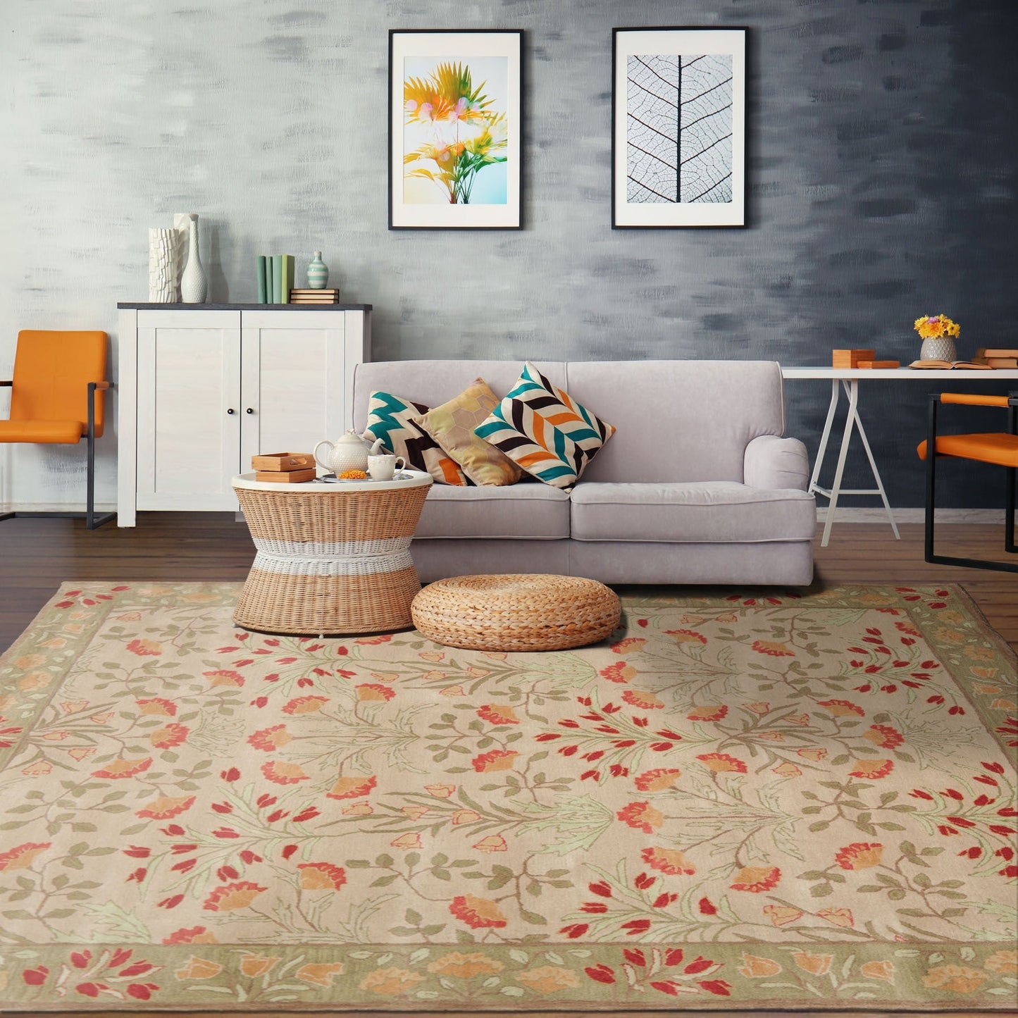 Multi Sizes Handmade Transitional Wool Botanical Floral Area Rug Beige-6