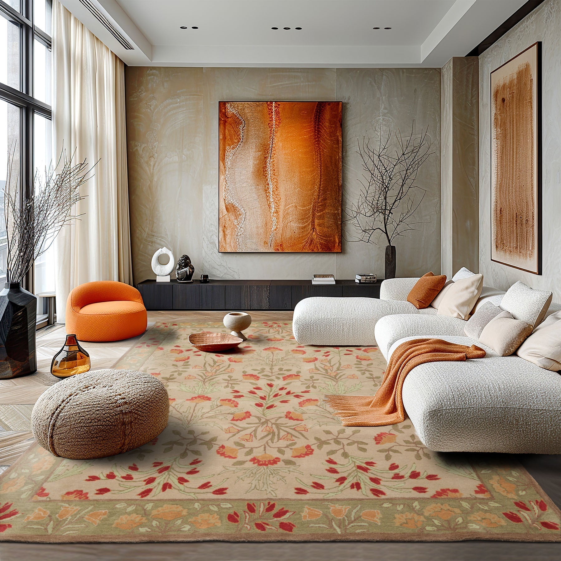 Multi Sizes Handmade Transitional Wool Botanical Floral Area Rug Beige-9