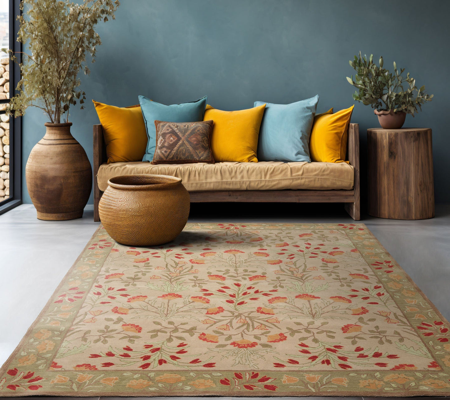 Multi Sizes Handmade Transitional Wool Botanical Floral Area Rug Beige-7