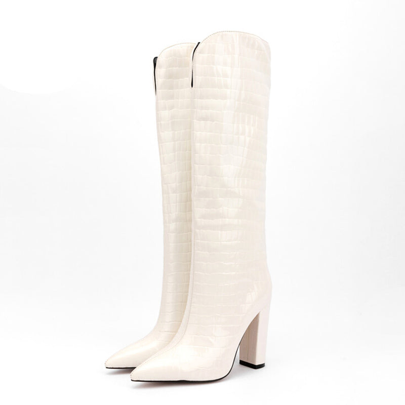 Women's Shoes New Autumn Square High Heel Pointed Toe Black Beige Dress Party Female Knee High Boots Big Size 34-43