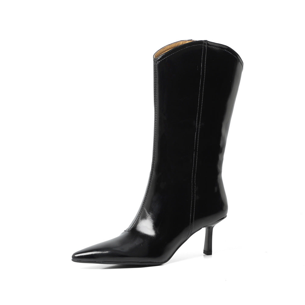 Fashion Western Women Mid-Calf Boots Pointed Toe Thin High Heels Office Lady Shoes Woman Genuine Leather Autumn Winter