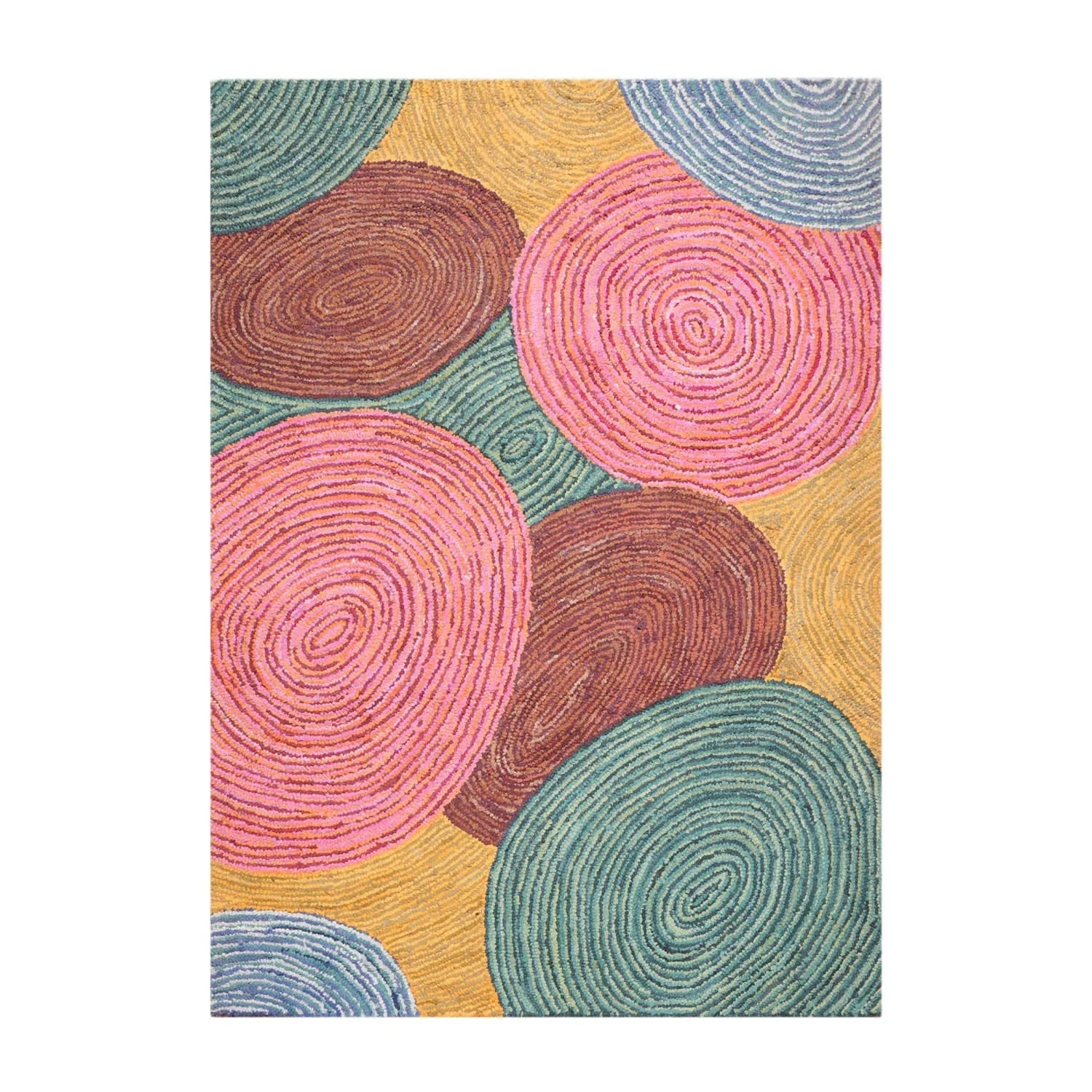 5' 4''x7' 6'' Hand Tufted Cotton Circle Medley Multi Color Cotton Area Rug  Oriental Area Rug Pink, Gold Color-1