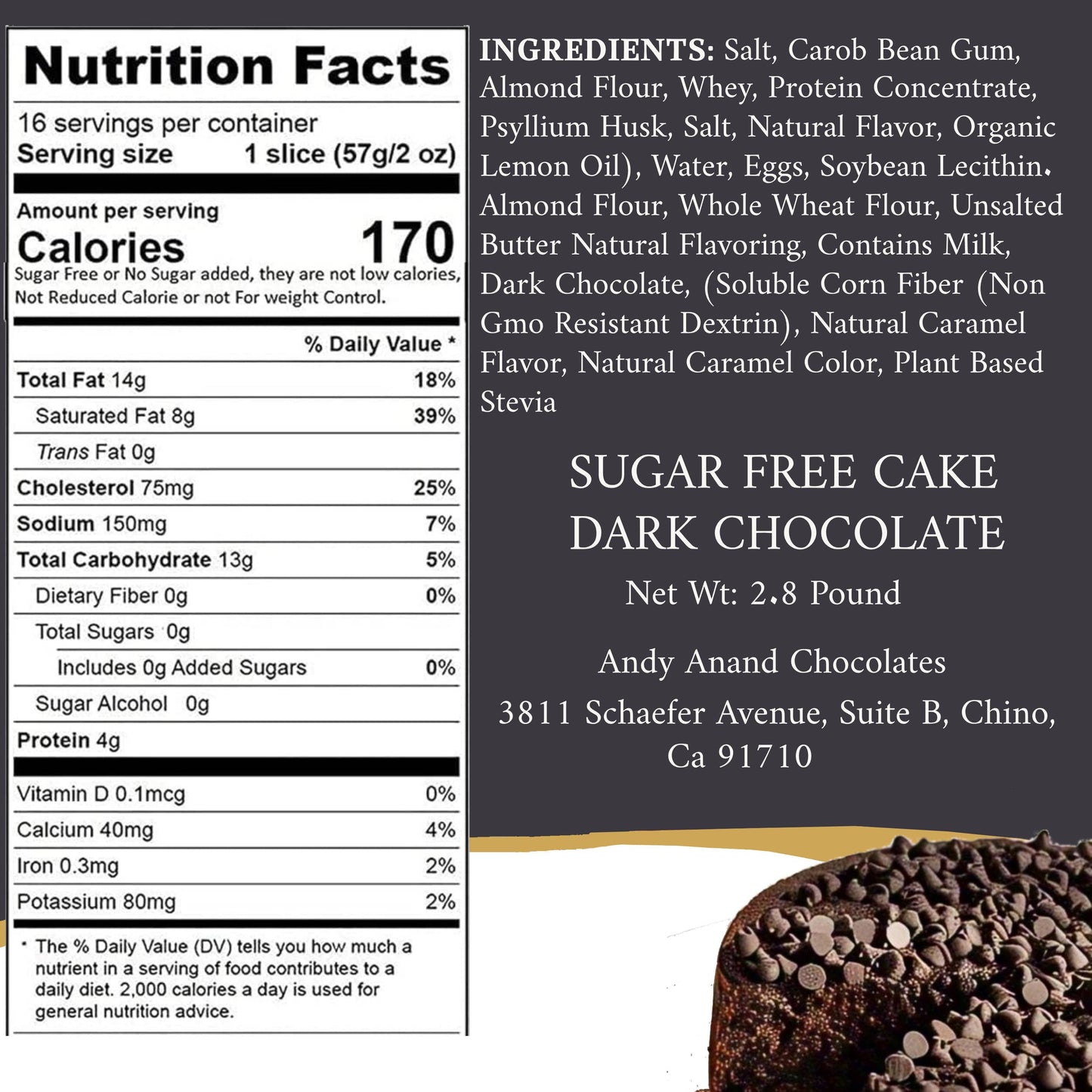 Andy Anand Sugar-Free Gluten-Free Chocolate Chip Cake, 2.8 lb – Dark Chocolate Chips, Keto & Diabetic-Friendly, No Preservatives Gift Box