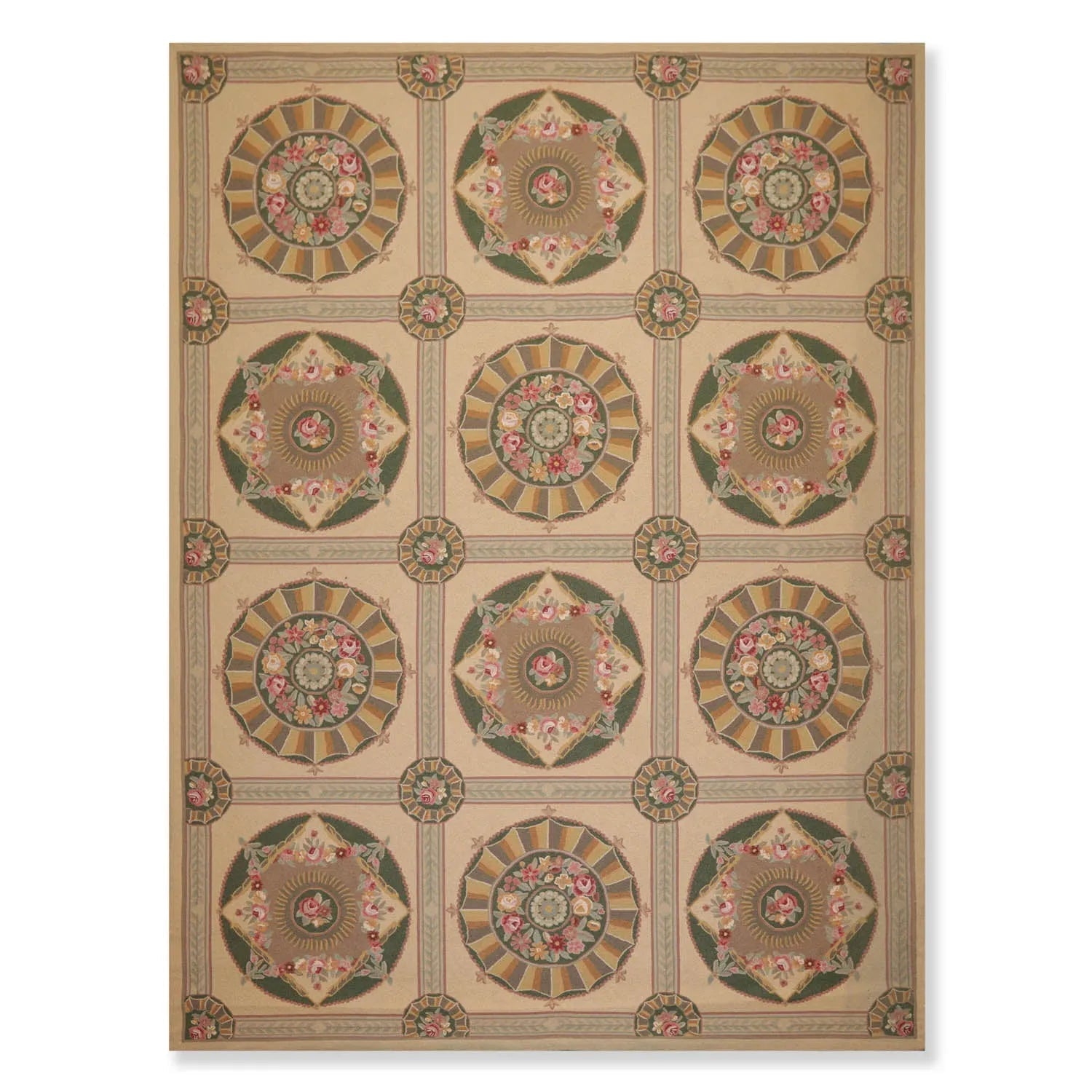 9x12 Beige Hand Hooked 100% Wool Traditional French Aubusson Oriental Area Rug-0