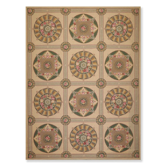 9x12 Beige Hand Hooked 100% Wool Traditional French Aubusson Oriental Area Rug-0