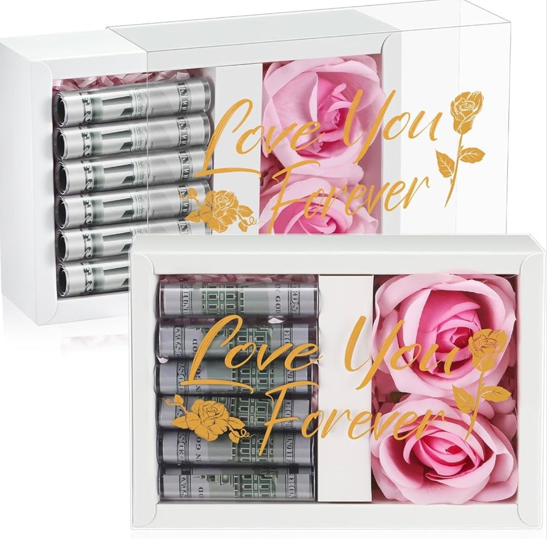 Valentine's Day Money Box for Cash Money Gifts - 2 Velvet Rose Flowers with 6 Acrylic Tubes