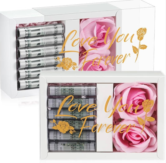 Valentine's Day Money Box for Cash Money Gifts - 2 Velvet Rose Flowers with 6 Acrylic Tubes