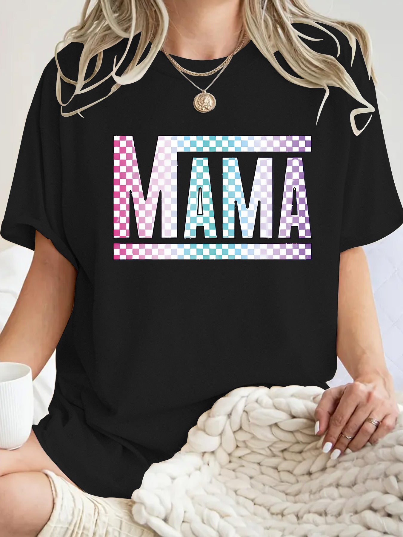 Mom's gift round neck pullover short sleeved shirt