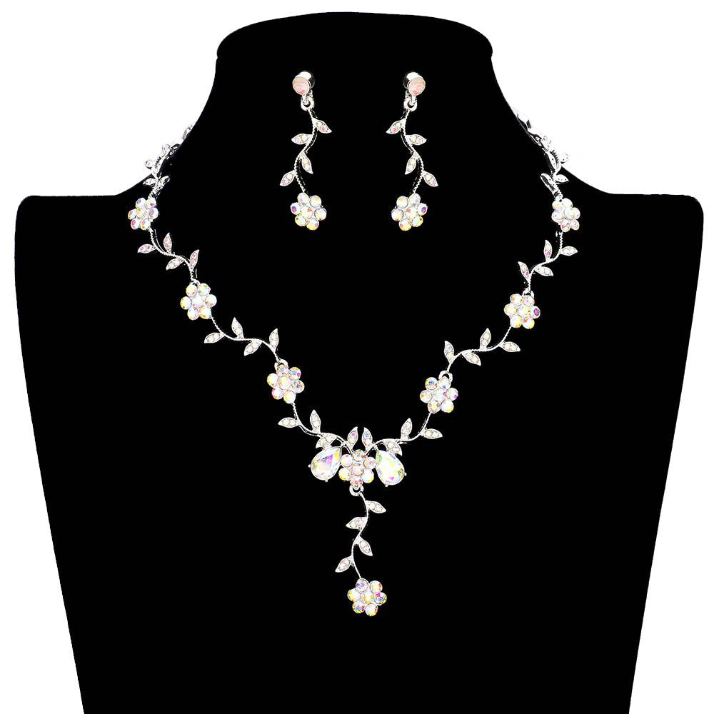 Flower Leaf Cluster Vine Rhinestone Necklace