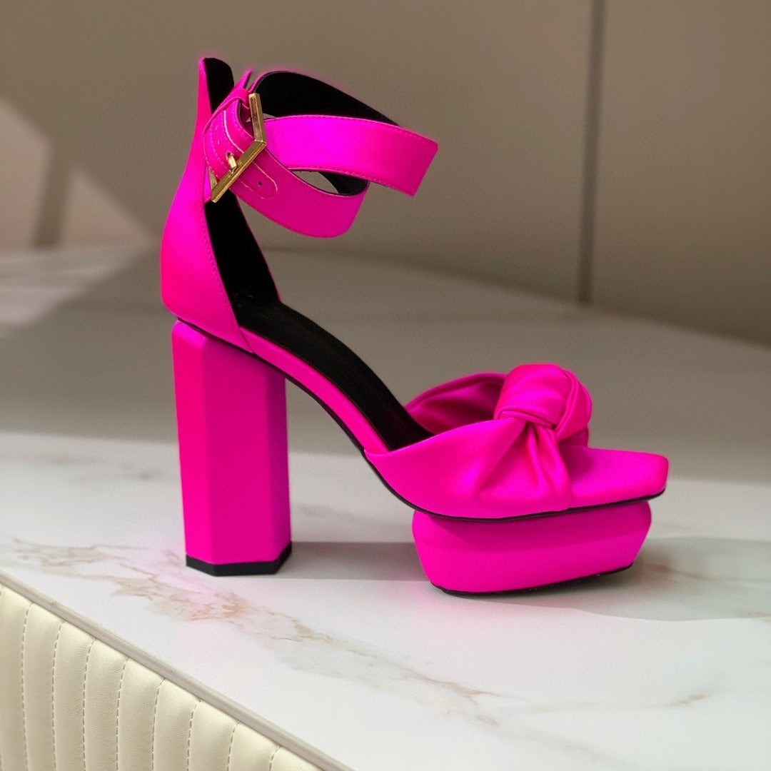 High heels thick heels regular silk water platform sandals square toe buckle strap exposed toe sandals