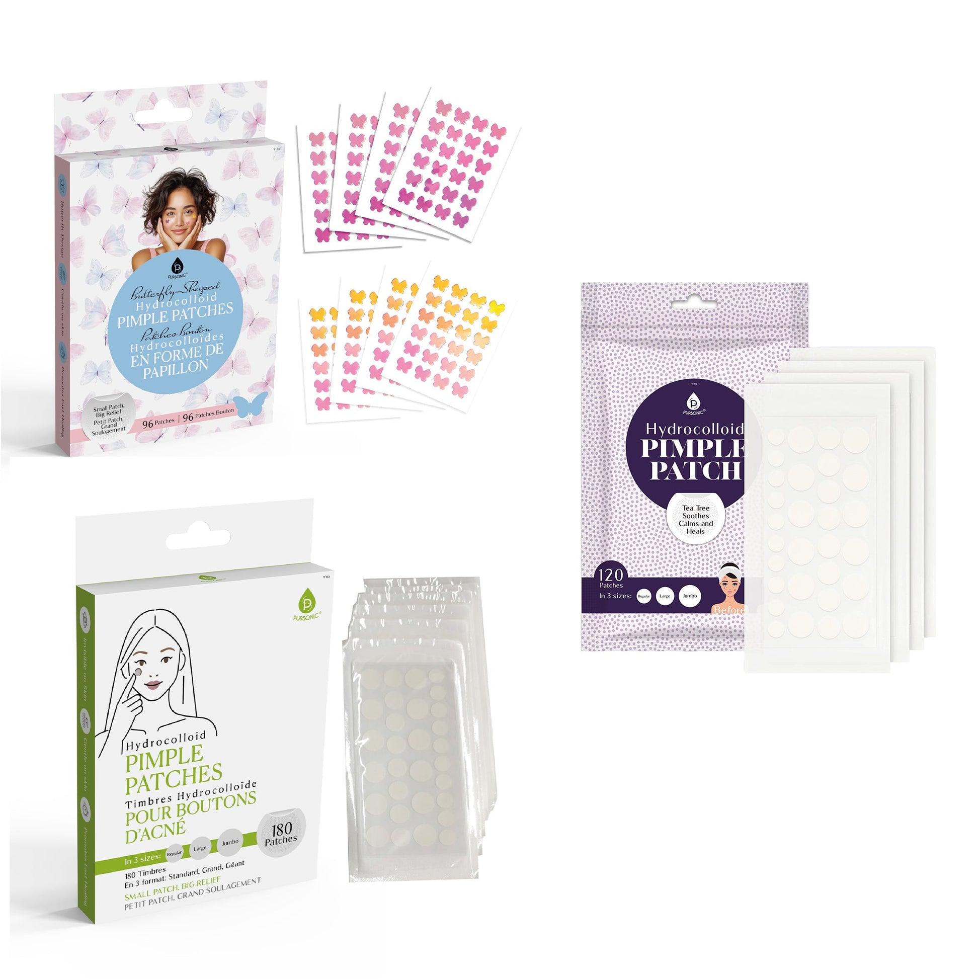 Pursonic Clear Skin Bundle: 3 Packs of Hydrocolloid Pimple Patches (Classic, Butterfly, & Multi-Size)-0